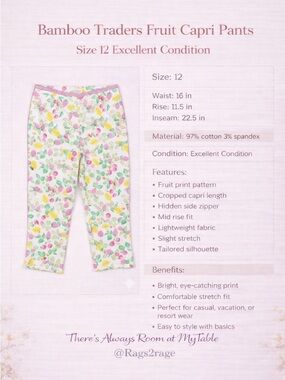 Bamboo Traders Fruit Print Capri Pants Size 12 Cropped Stretch